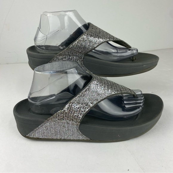 Fitflop Womens 11 Silver Lulu Shimmerlux Toe-Post Thong Wedge Sandal - Picture 1 of 6